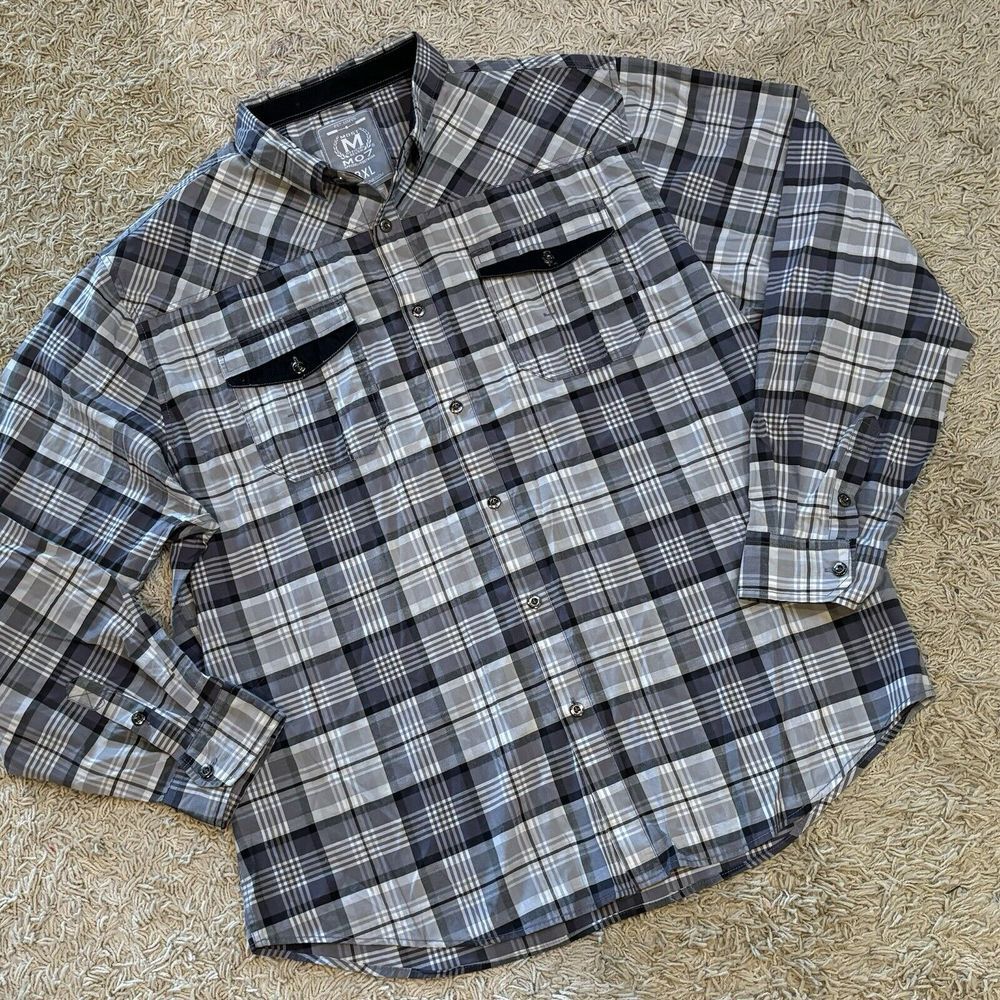 MO7 Most Official‎ Seven Button Up Shirt Mens 3XL  Gray Black Plaid Long Sleeved - Picture 5 of 13